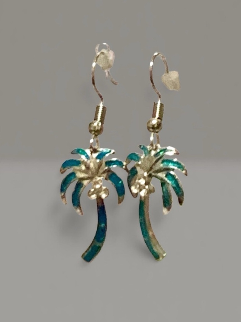 Silver-tone Palm Tree & Crystal Coconut Drop Earrings - Teal Green